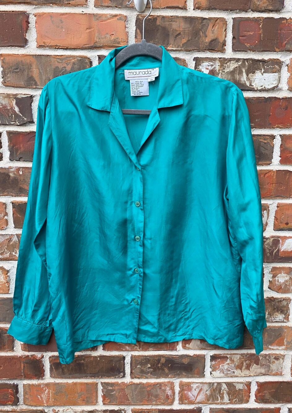 Maurada 100% Silk Blouse Women's Size 10 Teal Button Front Long Sleeve Shirt